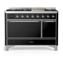 ILVE Majestic III 48-inch Dual Fuel Range with 5 Liquid Propane Burner, Griddle and Solid Door Electric Oven in Glossy Black with Chrome Trim (UM48FQNR3BKCLP)
