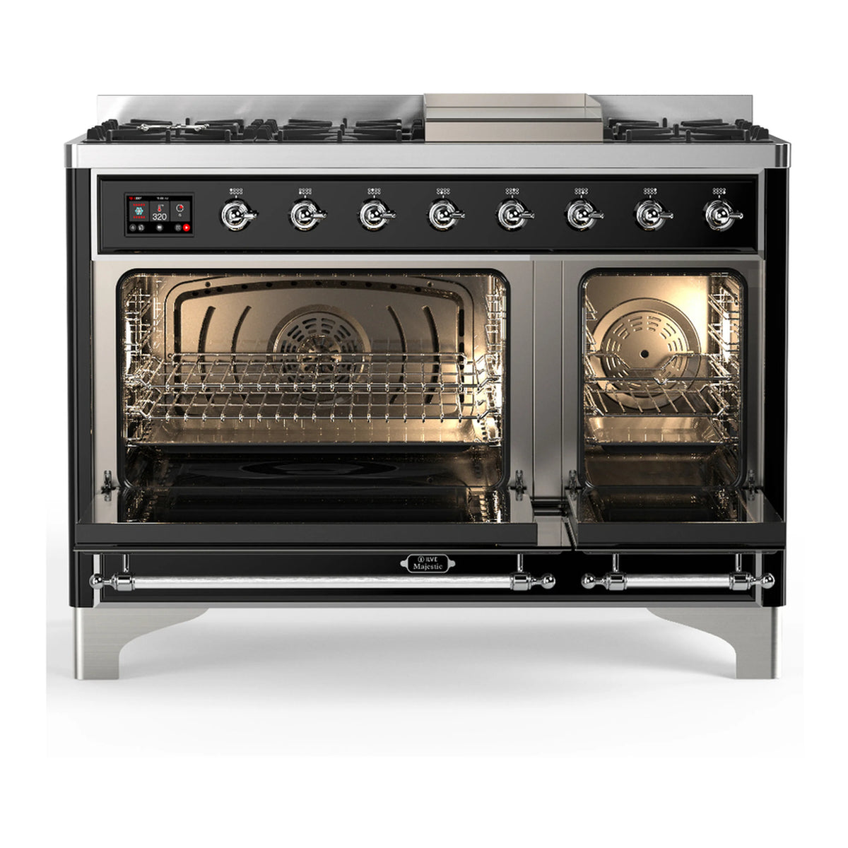 Glossy black dual-fuel range with two oven doors open and chrome-trim control panel