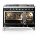 ILVE Majestic III 48-inch Dual Fuel Range with 5 Liquid Propane Burner, Griddle and Solid Door Electric Oven in Glossy Black with Chrome Trim (UM48FQNR3BKCLP)