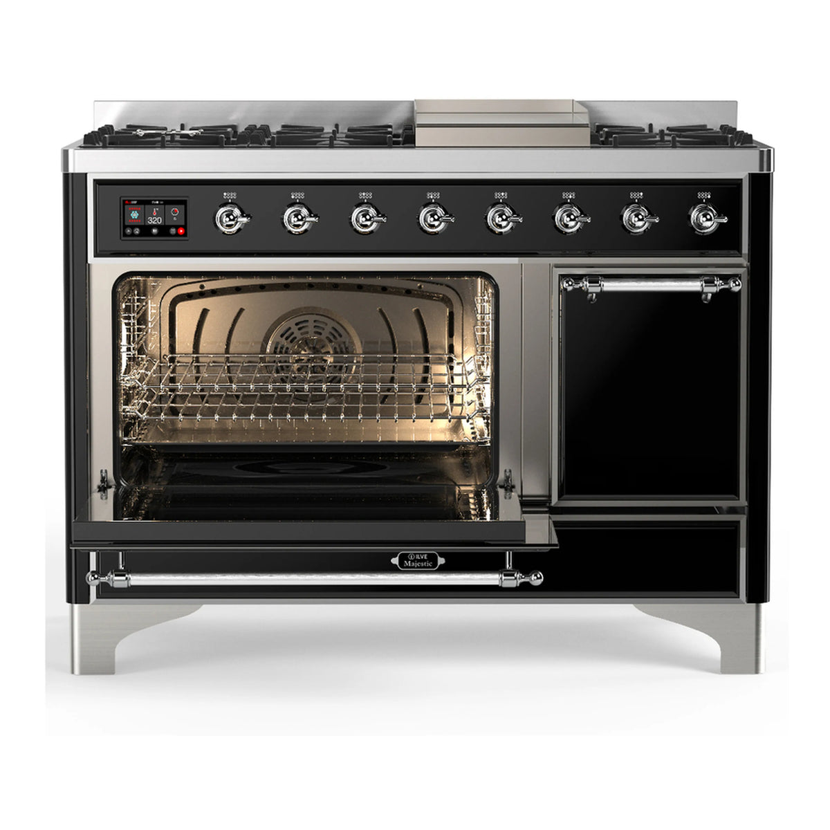 Glossy black dual-fuel range with left oven door open and chrome-trim control panel