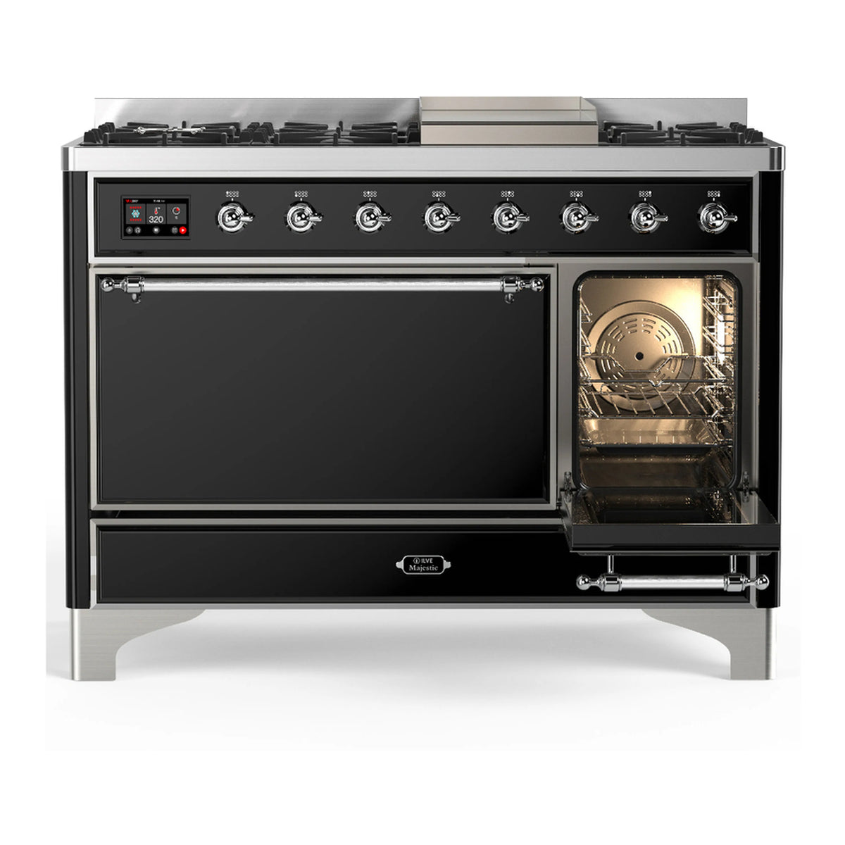 Glossy black dual-fuel range with right oven door open and chrome-trim control dials