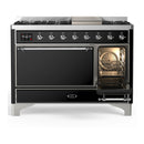 ILVE Majestic III 48-inch Dual Fuel Range with 5 Liquid Propane Burner, Griddle and Solid Door Electric Oven in Glossy Black with Chrome Trim (UM48FQNR3BKCLP)