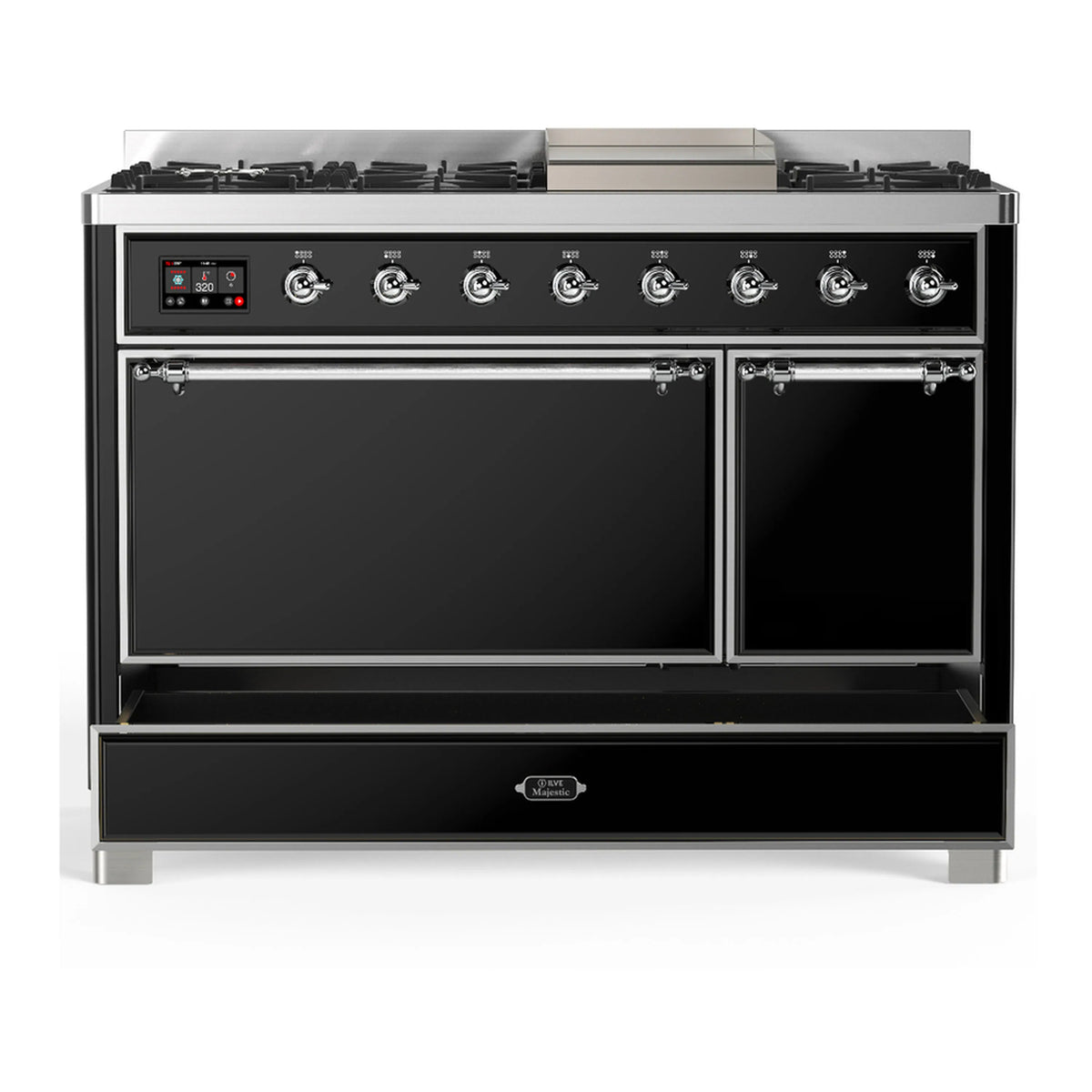 Glossy black dual-fuel range with chrome-trim double oven doors and front control panel