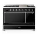 ILVE Majestic III 48-inch Dual Fuel Range with 5 Liquid Propane Burner, Griddle and Solid Door Electric Oven in Glossy Black with Chrome Trim (UM48FQNR3BKCLP)