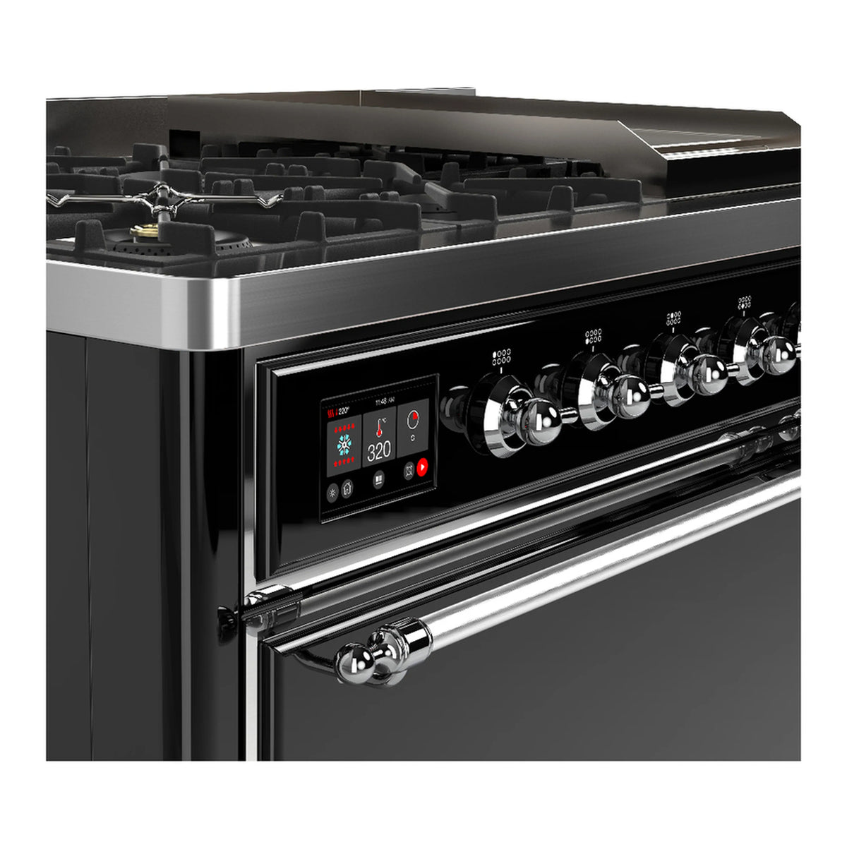 Glossy black dual-fuel range control panel with illuminated display and chrome burner knobs