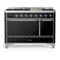 ILVE Majestic III 48-inch Dual Fuel Range with 5 Natural Gas Burner, Griddle and Solid Door Electric Oven in Glossy Black with Chrome Trim (UM48FQNR3BKC)