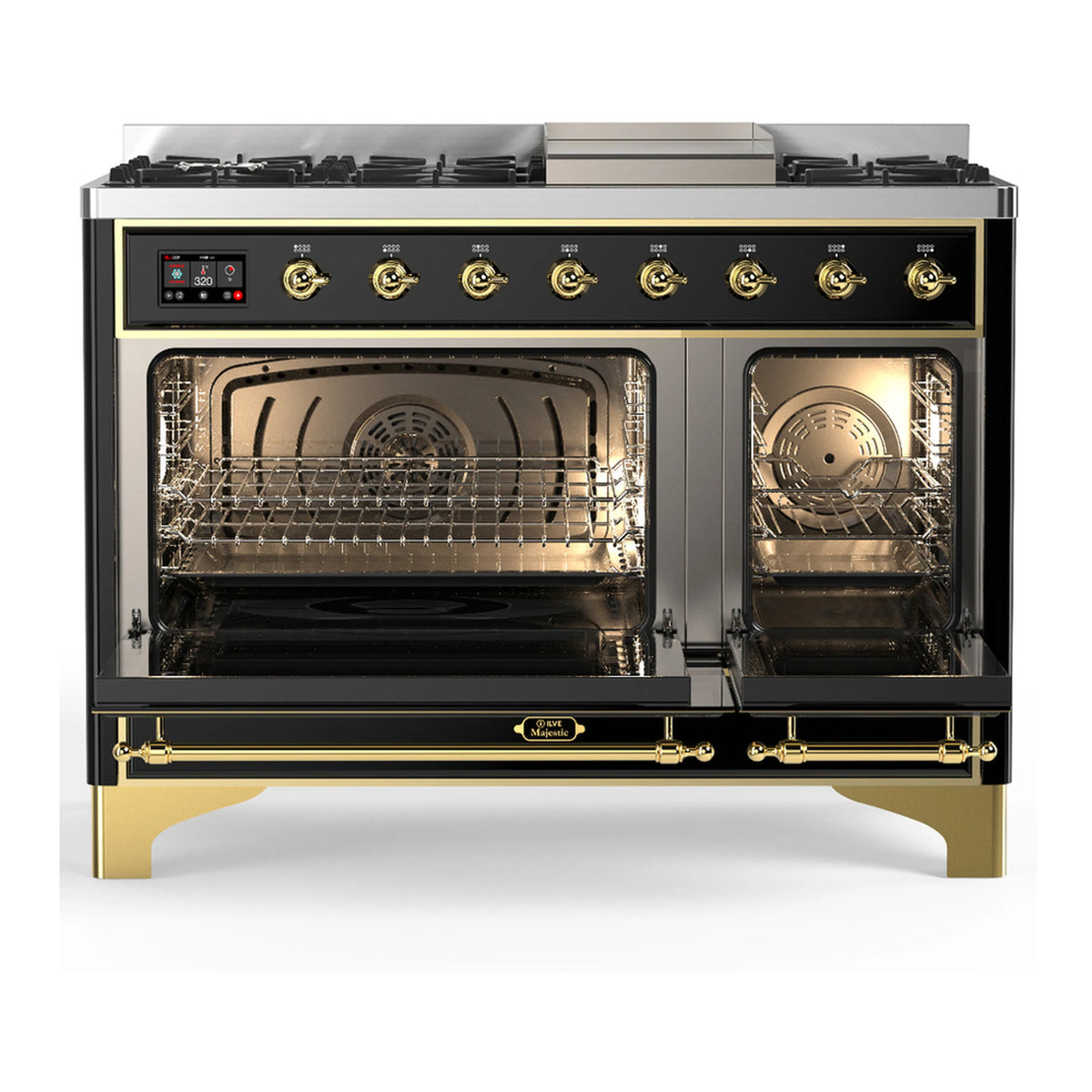 Dual fuel range with oven doors open, showing two racks and interior fan