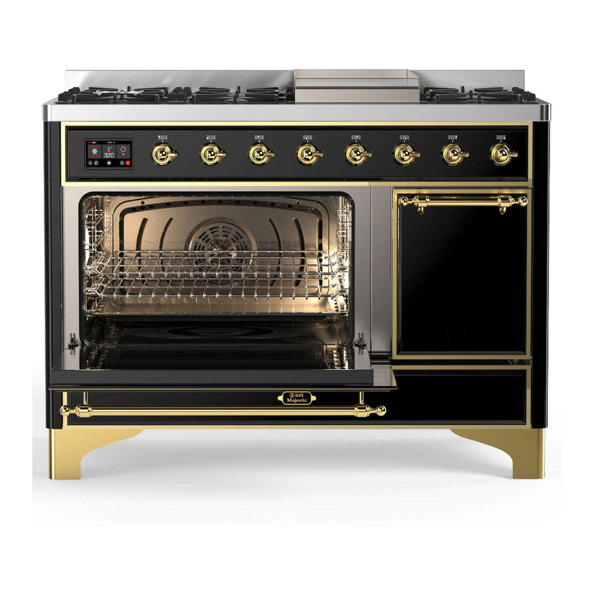 Dual fuel range with one oven open and one door open, glossy black finish and brass trim