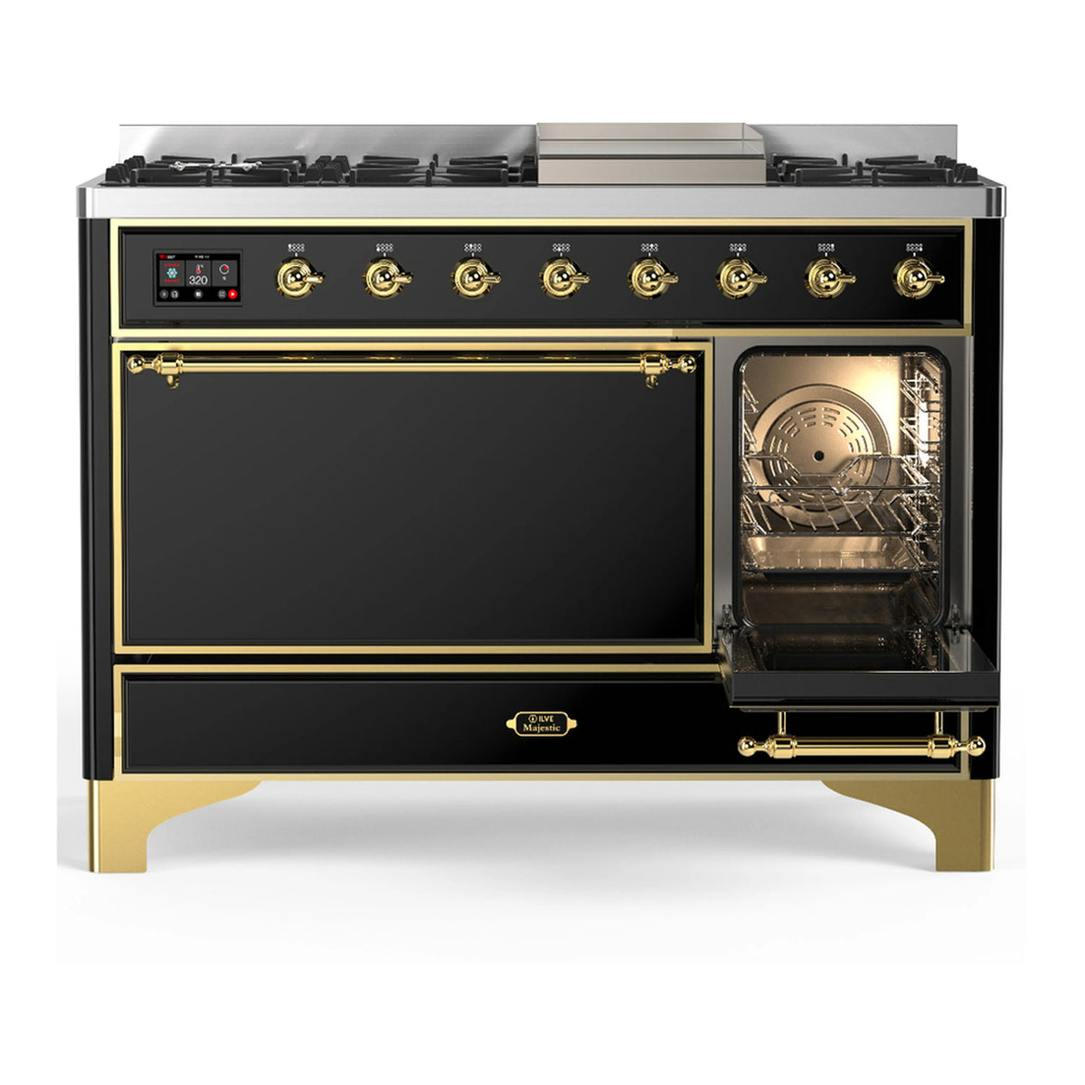 Dual fuel range with glossy black oven doors, brass trim, front view with control knobs