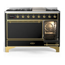 ILVE Majestic III 48-inch Dual Fuel Range with 5 Liquid Propane Burner, Griddle and Solid Door Electric Oven in Glossy Black with Brass Trim (UM48FQNR3BKGLP)