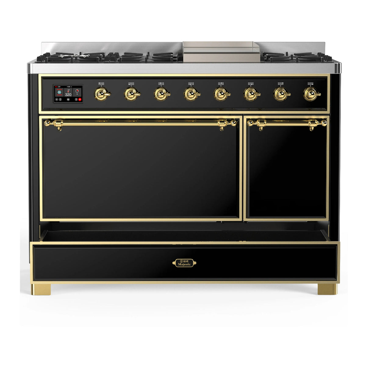 Dual fuel range front view with two glossy black doors and brass handles, control panel on top