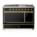ILVE Majestic III 48-inch Dual Fuel Range with 5 Liquid Propane Burner, Griddle and Solid Door Electric Oven in Glossy Black with Brass Trim (UM48FQNR3BKGLP)