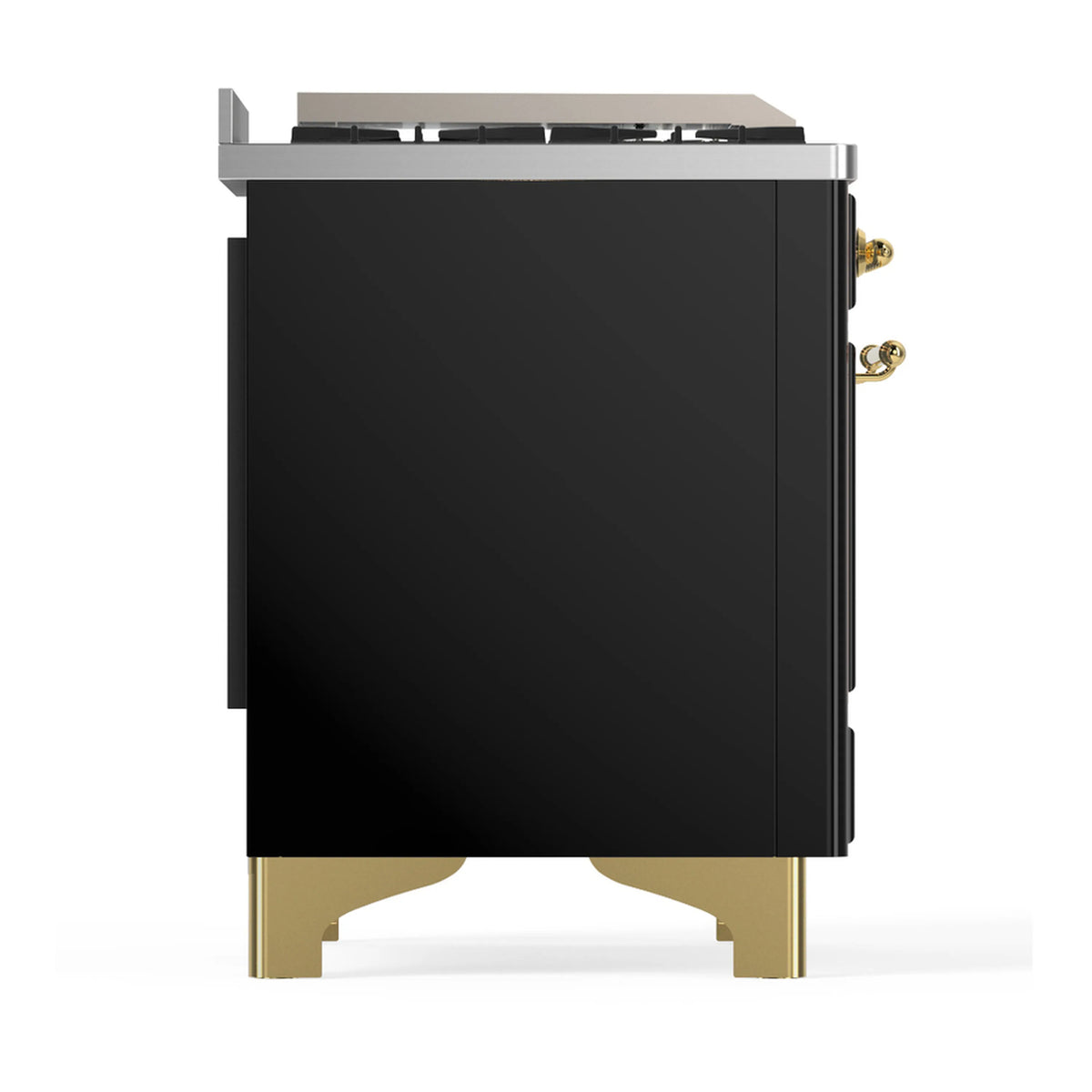 Dual fuel range side view with glossy black panel and brass base, cooktop grates on top