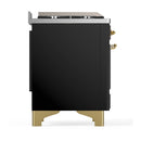 ILVE Majestic III 48-inch Dual Fuel Range with 5 Liquid Propane Burner, Griddle and Solid Door Electric Oven in Glossy Black with Brass Trim (UM48FQNR3BKGLP)