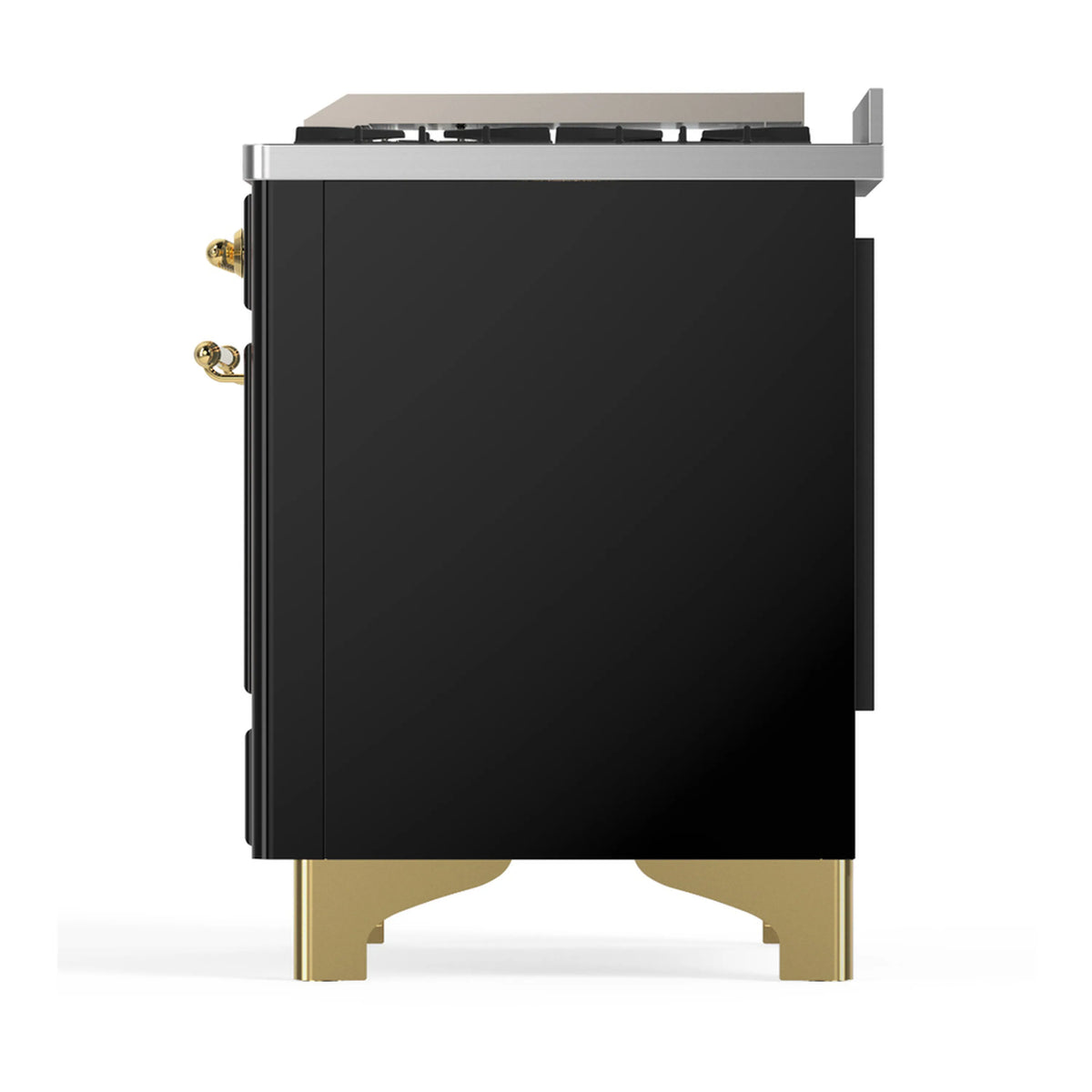Dual fuel range end view with glossy black back panel and brass support legs