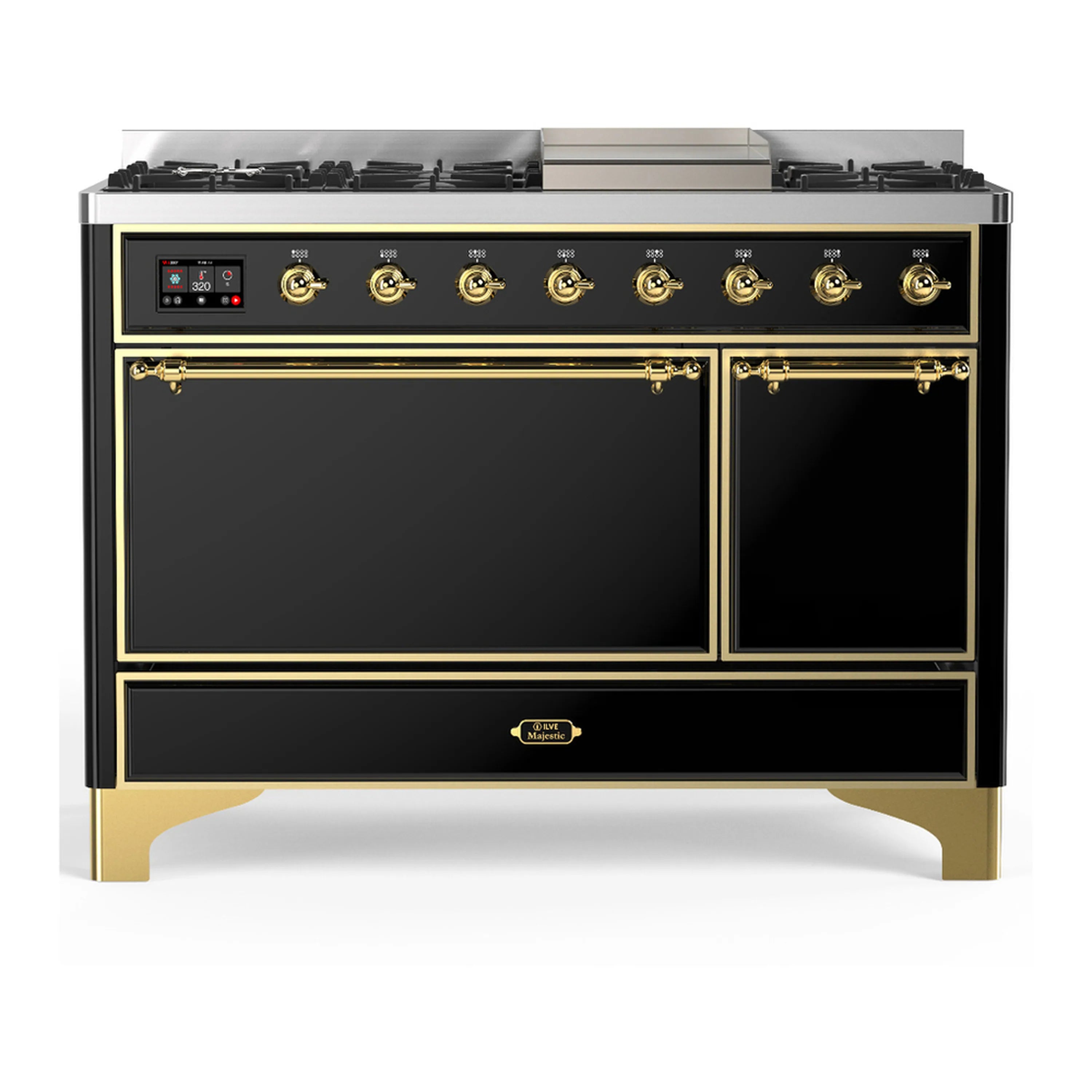 Dual fuel range with glossy black doors and brass-trim control panel and knobs