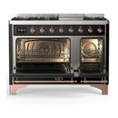 ILVE Majestic III 48-inch Dual Fuel Range with 5 Liquid Propane Burner, Griddle and Solid Door Electric Oven in Glossy Black with Copper Trim (UM48FQNR3BKPLP)