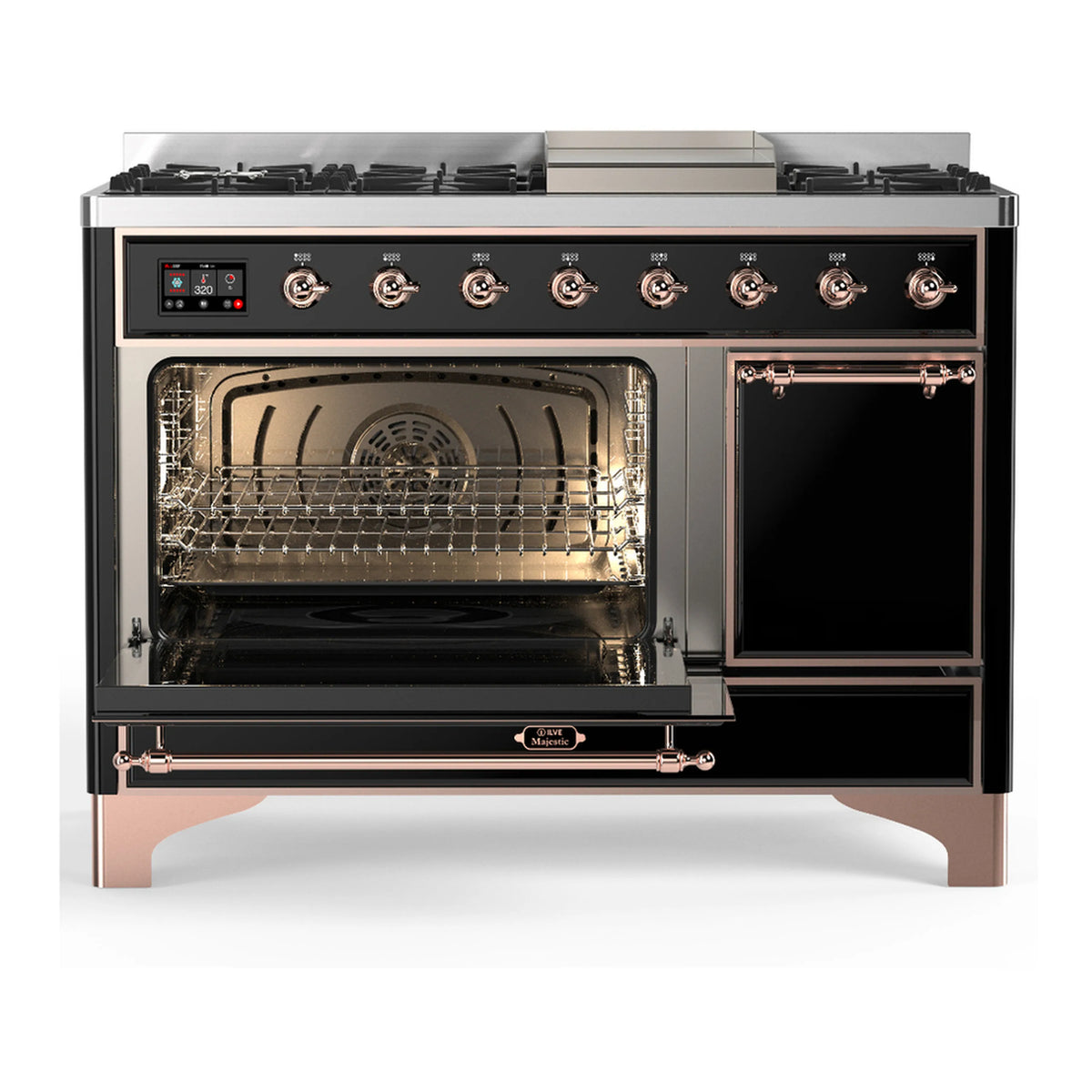 Dual fuel range with open oven door and dark interior, glossy black and copper-trim hardware