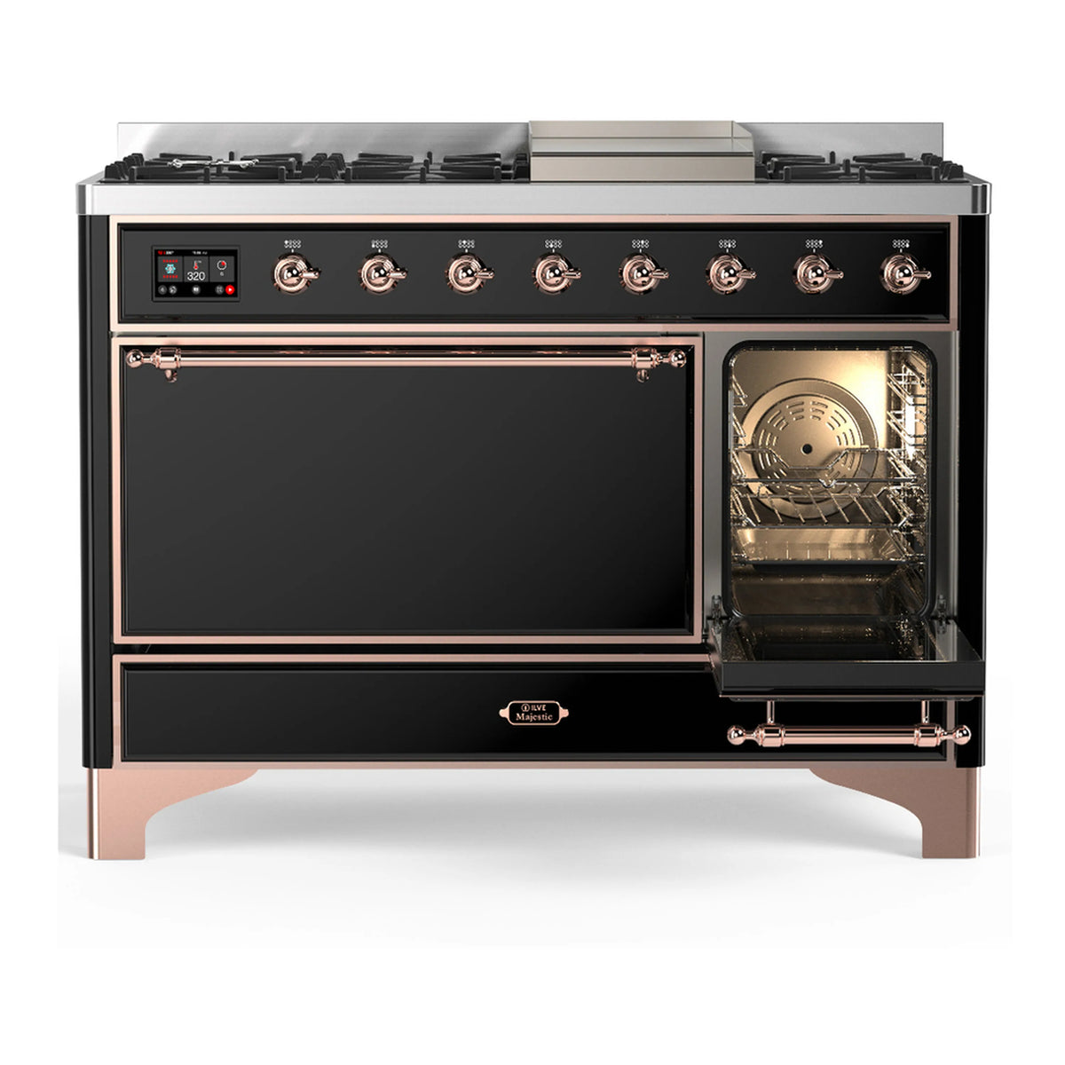 Dual fuel range with one oven door closed, glossy black finish and copper-trim accents
