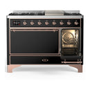 ILVE Majestic III 48-inch Dual Fuel Range with 5 Natural Gas Burner, Griddle and Solid Door Electric Oven in Glossy Black with Copper Trim (UM48FQNR3BKP)