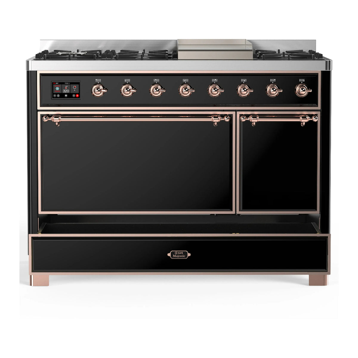 Dual fuel range front view with both oven doors closed, glossy black with copper-trim handles