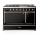 ILVE Majestic III 48-inch Dual Fuel Range with 5 Liquid Propane Burner, Griddle and Solid Door Electric Oven in Glossy Black with Copper Trim (UM48FQNR3BKPLP)