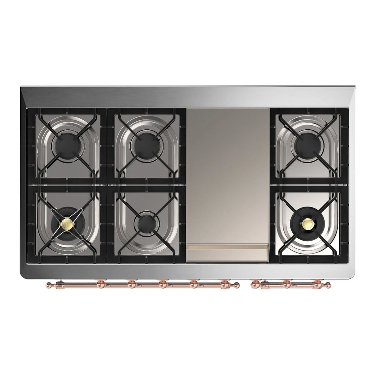 Dual fuel range cooktop with four burners in glossy black, copper-trim control bar