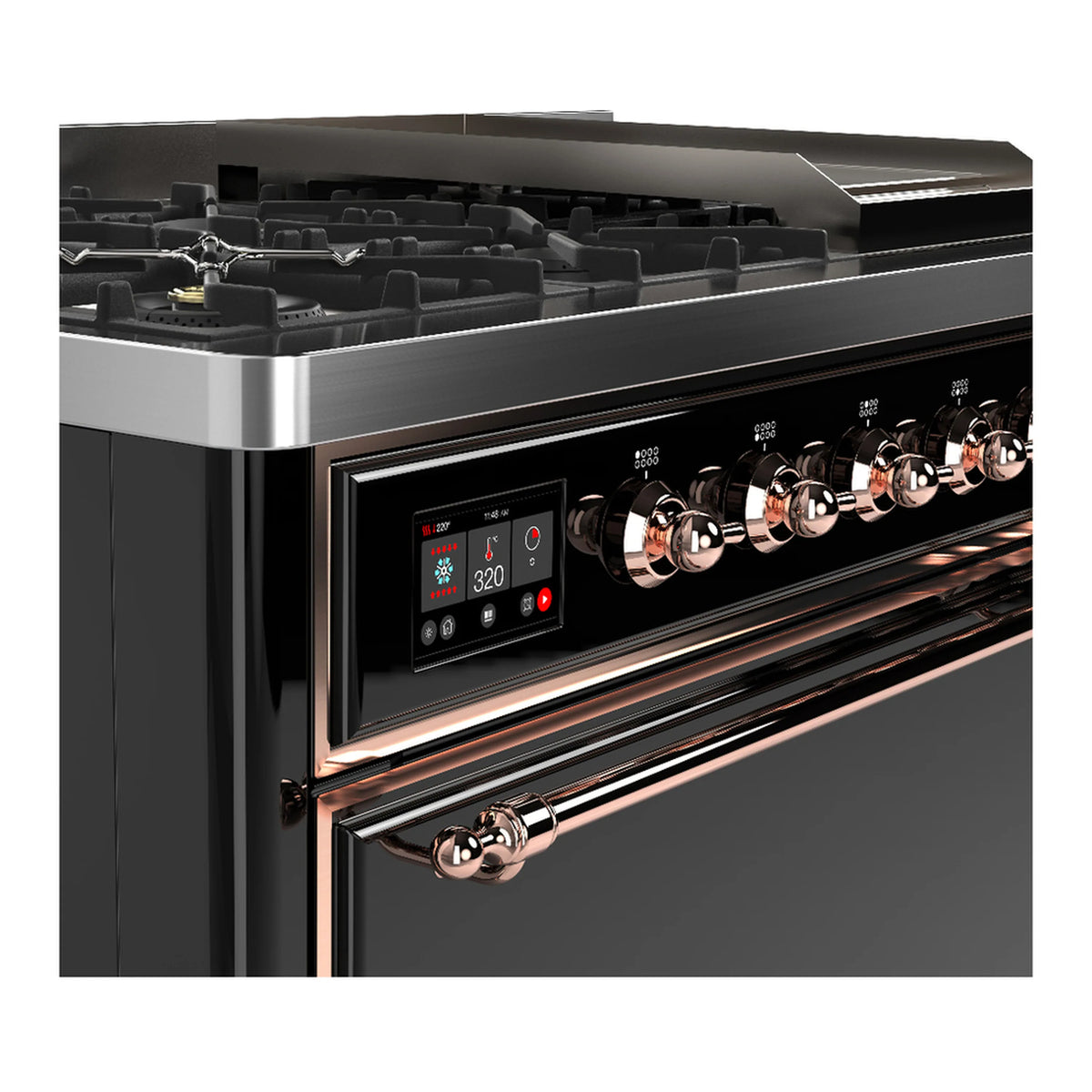 Dual fuel range close-up of glossy black control panel with copper knobs and display