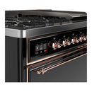 ILVE Majestic III 48-inch Dual Fuel Range with 5 Liquid Propane Burner, Griddle and Solid Door Electric Oven in Glossy Black with Copper Trim (UM48FQNR3BKPLP)
