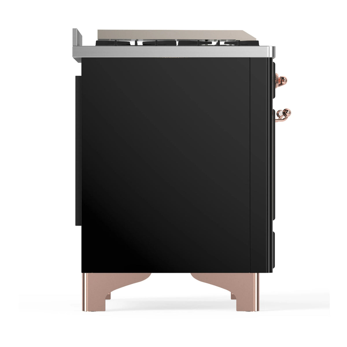 Dual fuel range side panel with glossy black finish and copper-trimmed legs