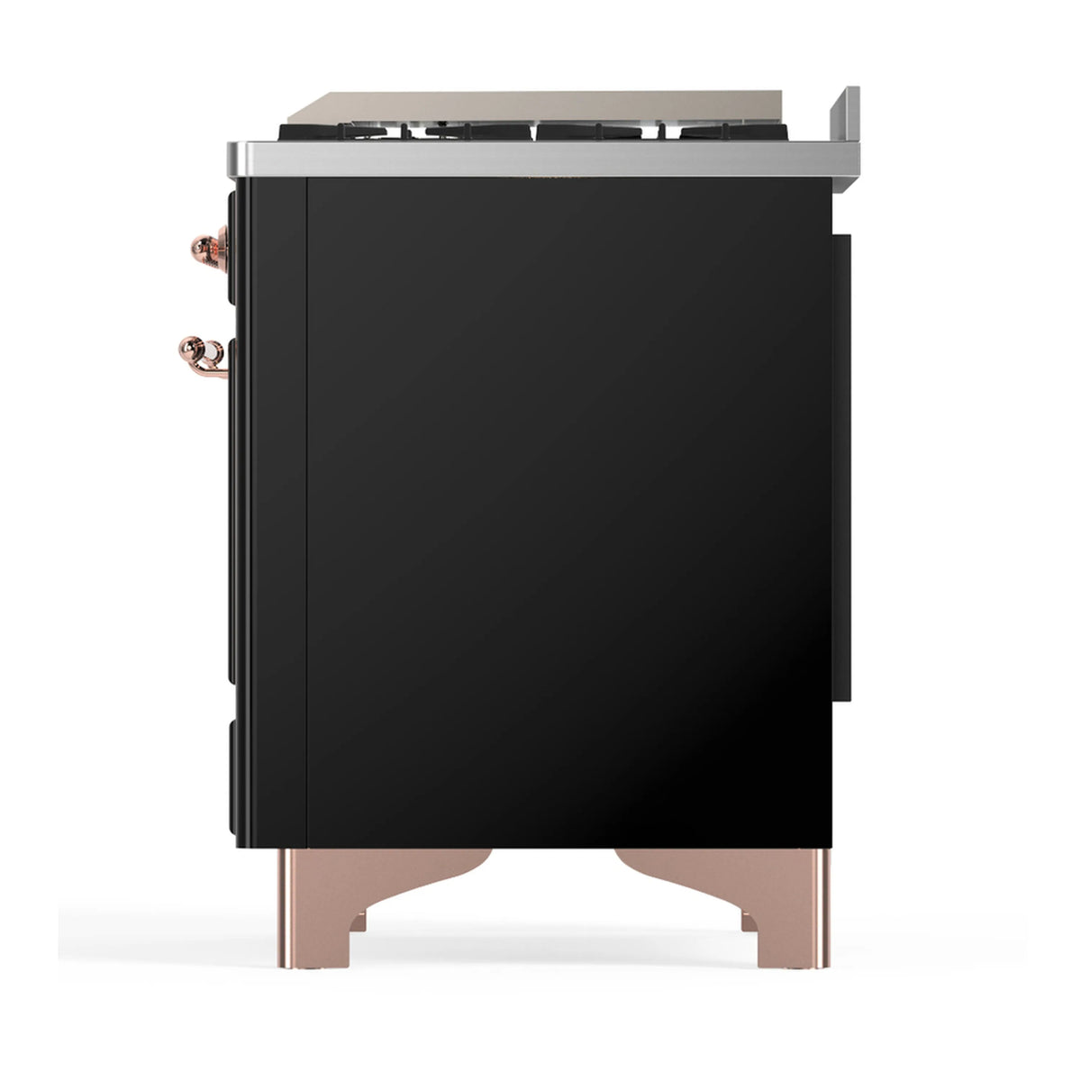 Dual fuel range side profile with glossy black body and copper-trimmed base supports
