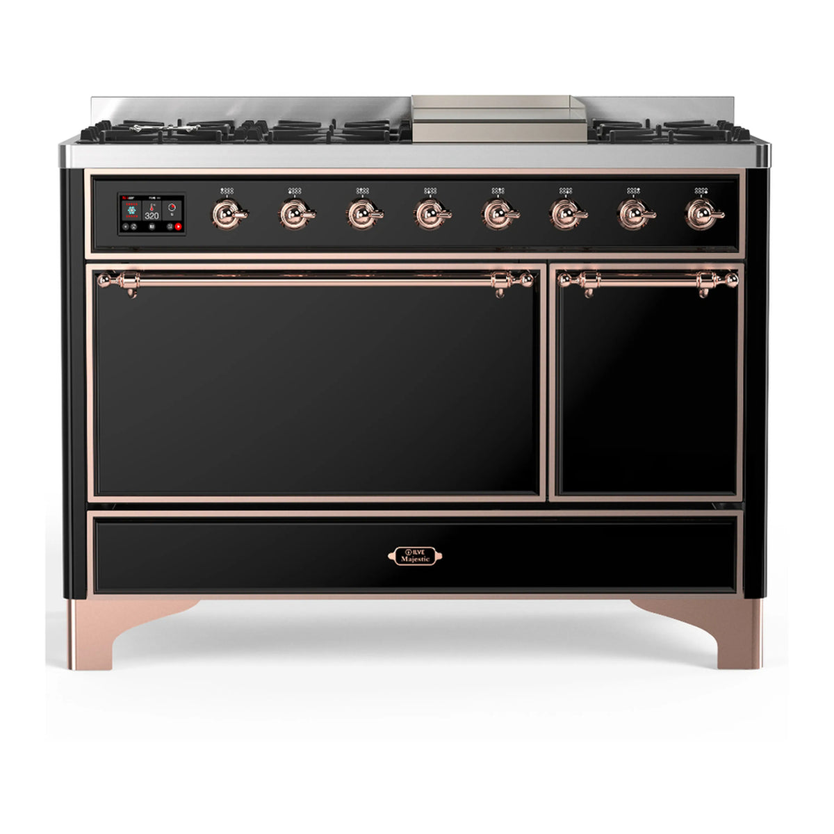 Glossy black dual fuel range with copper trim, griddle, and two solid oven doors