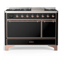 ILVE Majestic III 48-inch Dual Fuel Range with 5 Liquid Propane Burner, Griddle and Solid Door Electric Oven in Glossy Black with Copper Trim (UM48FQNR3BKPLP)