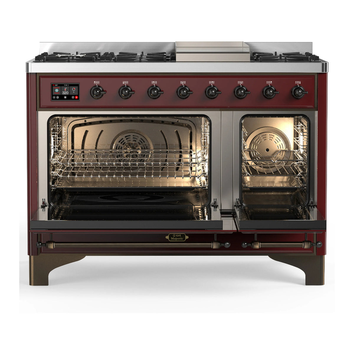Burgundy dual fuel range with two open oven compartments and visible racks inside.