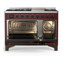 ILVE Majestic III 48-inch Dual Fuel Range with 5 Liquid Propane Burner, Griddle and Solid Door Electric Oven in Burgundy with Burnished Trim (UM48FQNR3BUBLP)