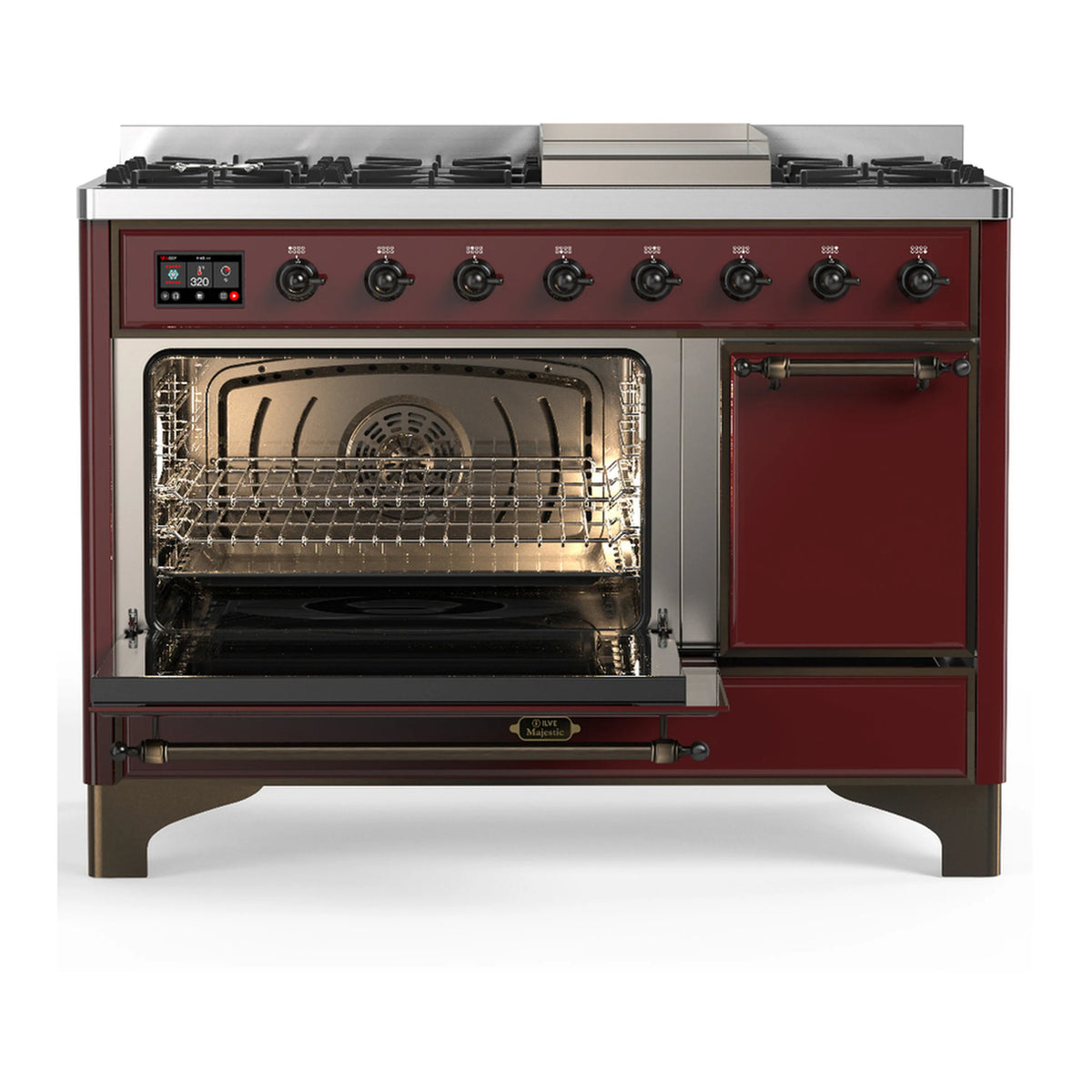 Burgundy dual fuel range with left oven door open, right solid door closed, racks visible.