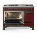 ILVE Majestic III 48-inch Dual Fuel Range with 5 Liquid Propane Burner, Griddle and Solid Door Electric Oven in Burgundy with Burnished Trim (UM48FQNR3BUBLP)