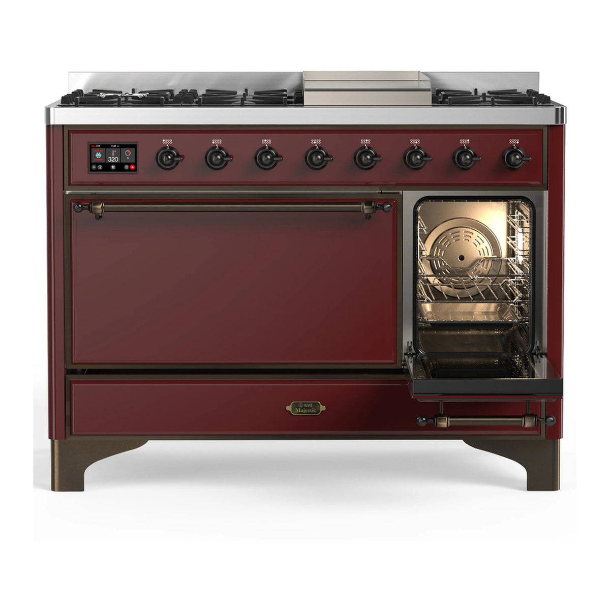 Burgundy dual fuel range with right oven door open and left oven door closed.