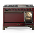 ILVE Majestic III 48-inch Dual Fuel Range with 5 Liquid Propane Burner, Griddle and Solid Door Electric Oven in Burgundy with Burnished Trim (UM48FQNR3BUBLP)