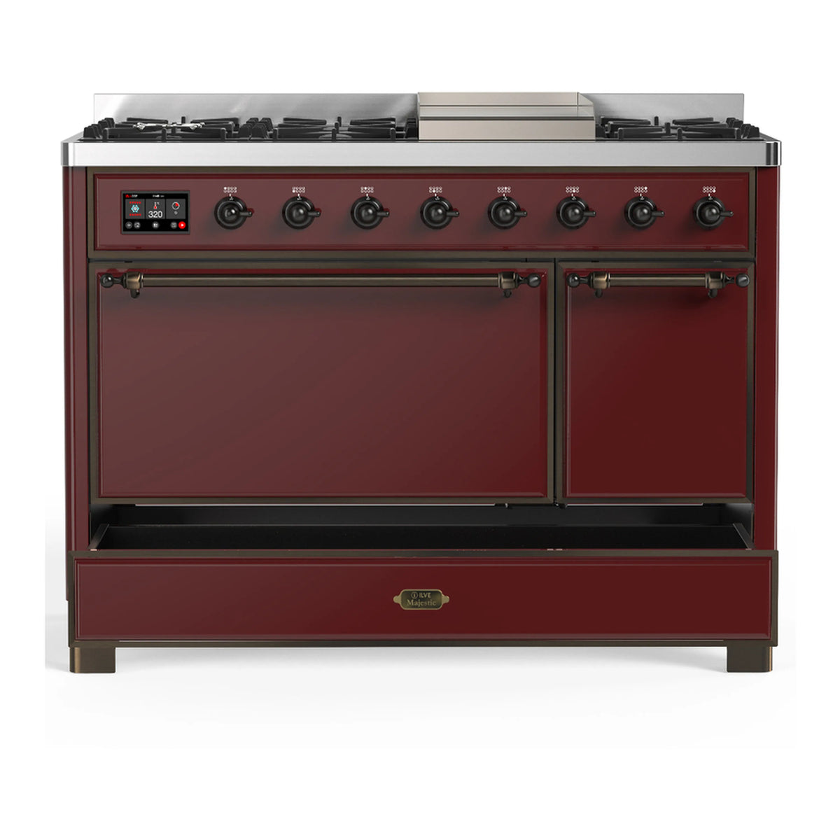 Burgundy dual fuel range with griddle doors and large oven door fronts