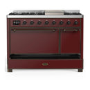 ILVE Majestic III 48-inch Dual Fuel Range with 5 Liquid Propane Burner, Griddle and Solid Door Electric Oven in Burgundy with Burnished Trim (UM48FQNR3BUBLP)