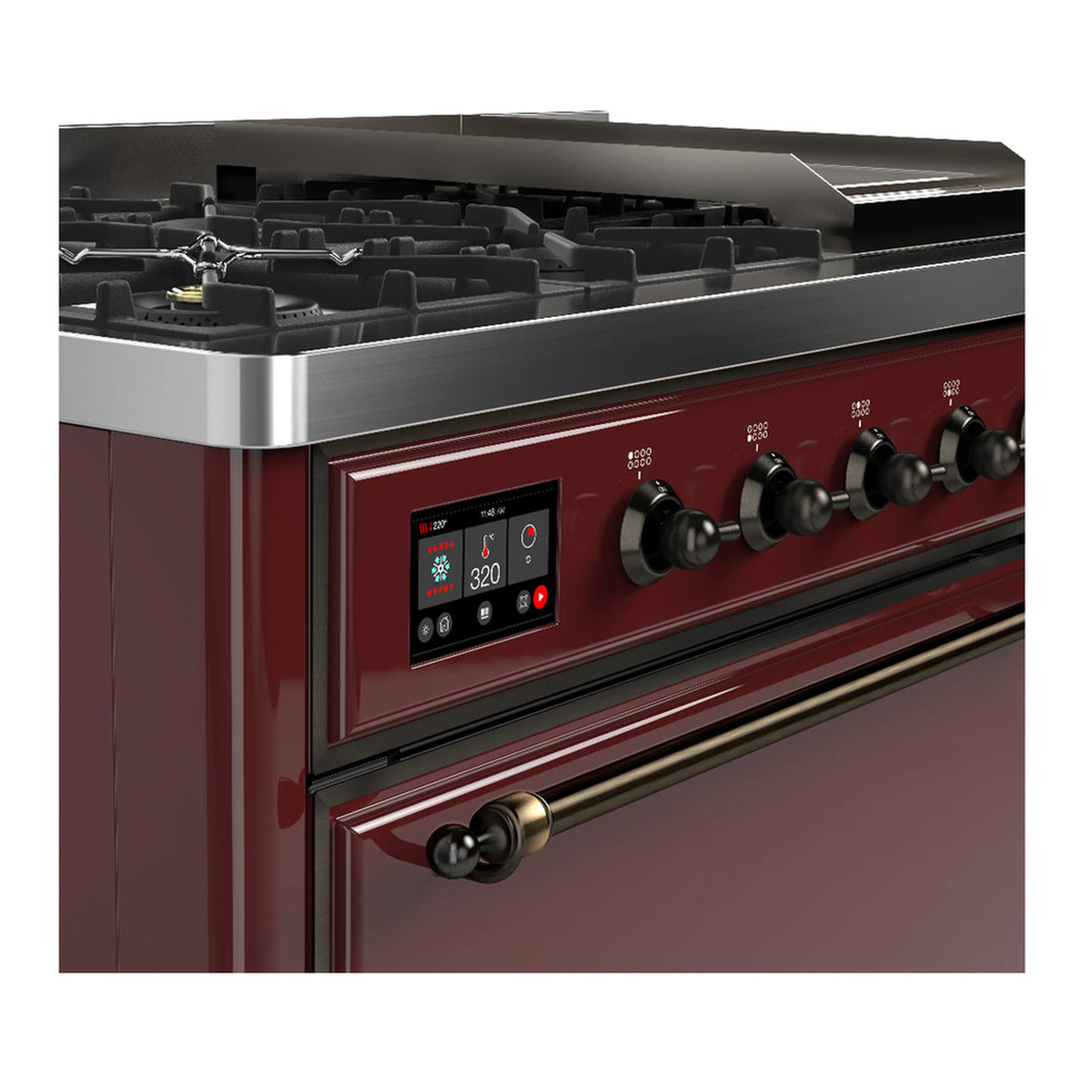 Burgundy dual fuel range control panel with digital display and black knob handles