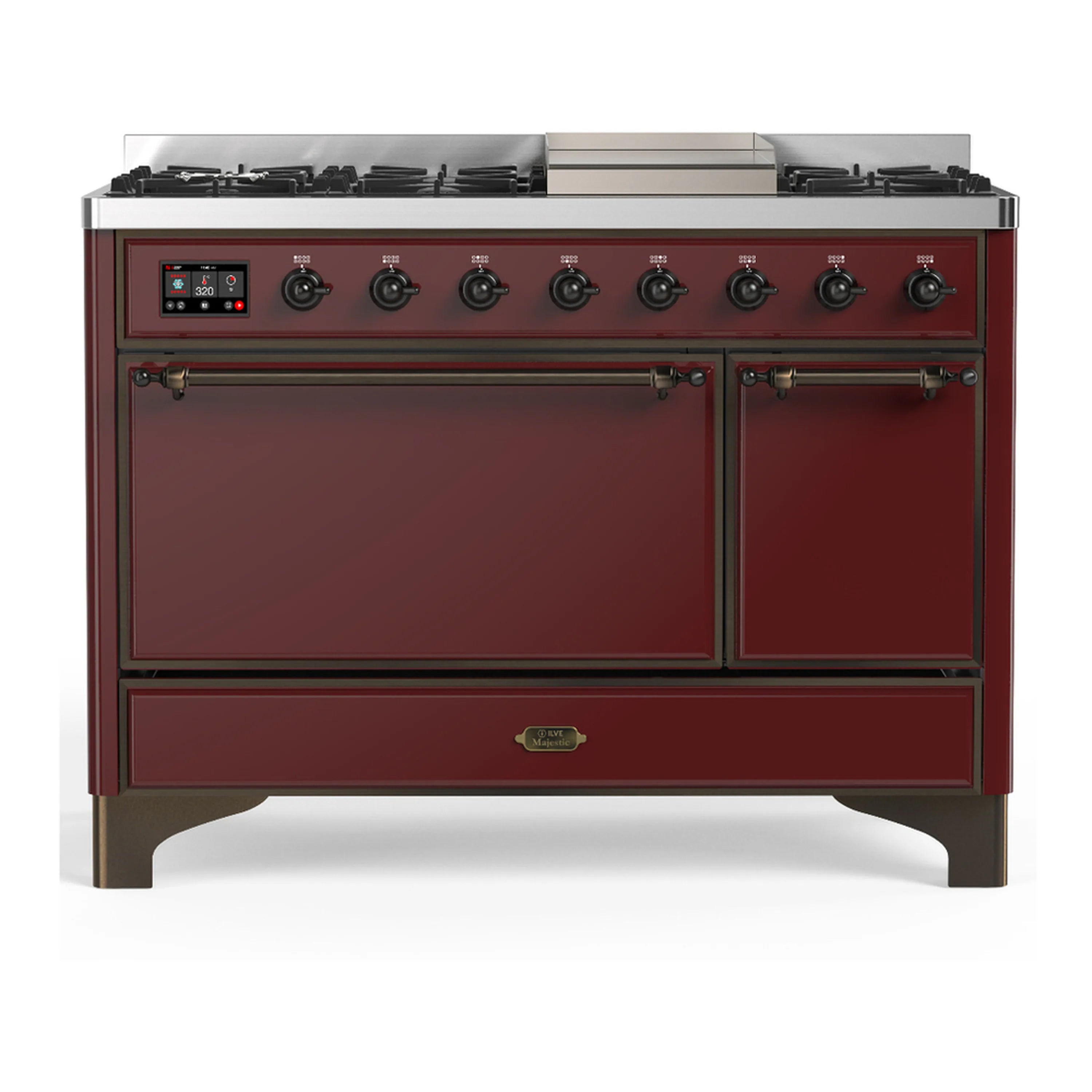 Burgundy dual fuel range with cast burner knobs, griddle, and solid-door electric oven