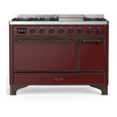 ILVE Majestic III 48-inch Dual Fuel Range with 5 Liquid Propane Burner, Griddle and Solid Door Electric Oven in Burgundy with Burnished Trim (UM48FQNR3BUBLP)