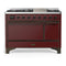 ILVE Majestic III 48-inch Dual Fuel Range with 5 Liquid Propane Burner, Griddle and Solid Door Electric Oven in Burgundy with Burnished Trim (UM48FQNR3BUBLP)