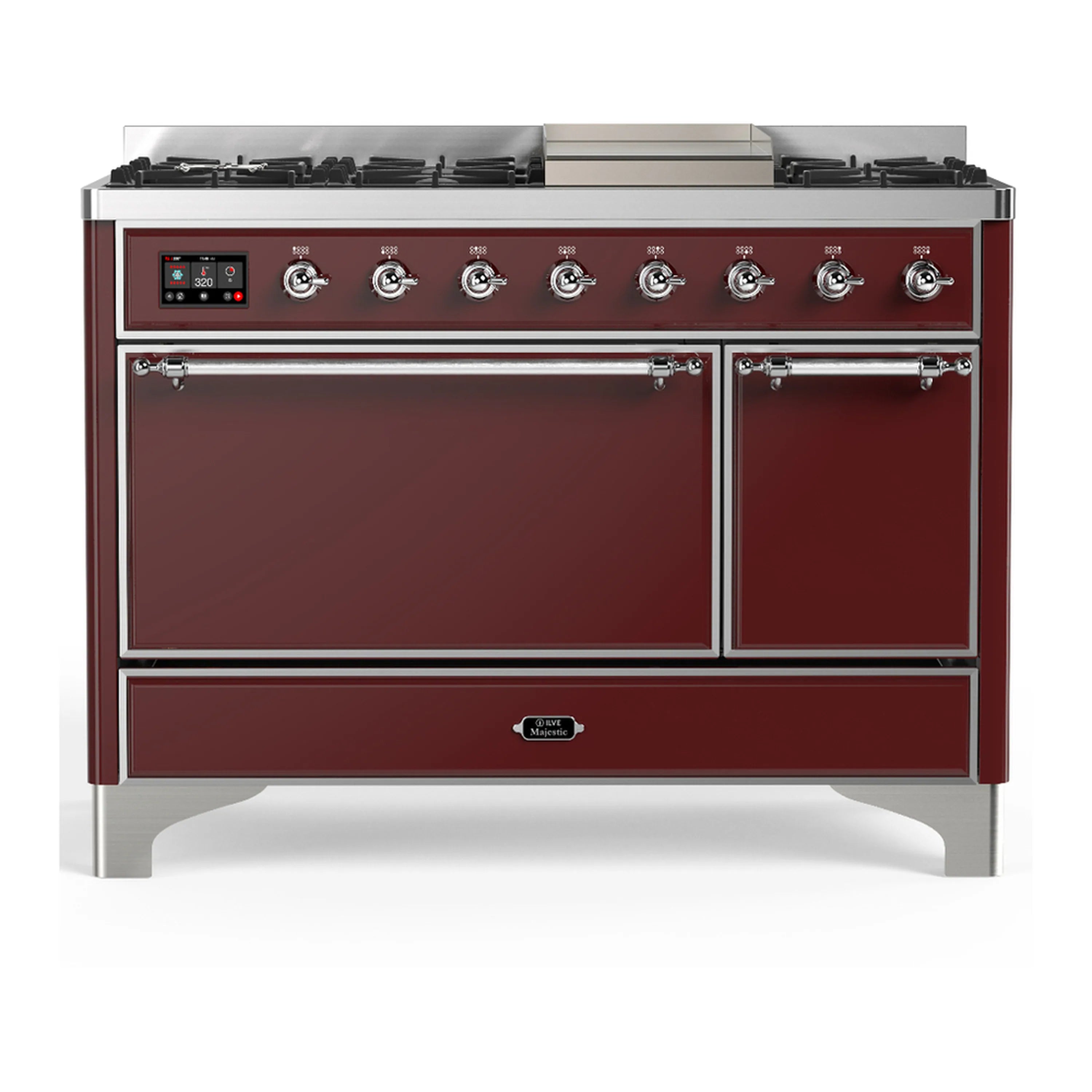 Burgundy dual fuel range with chrome trim and control panel, two oven doors closed