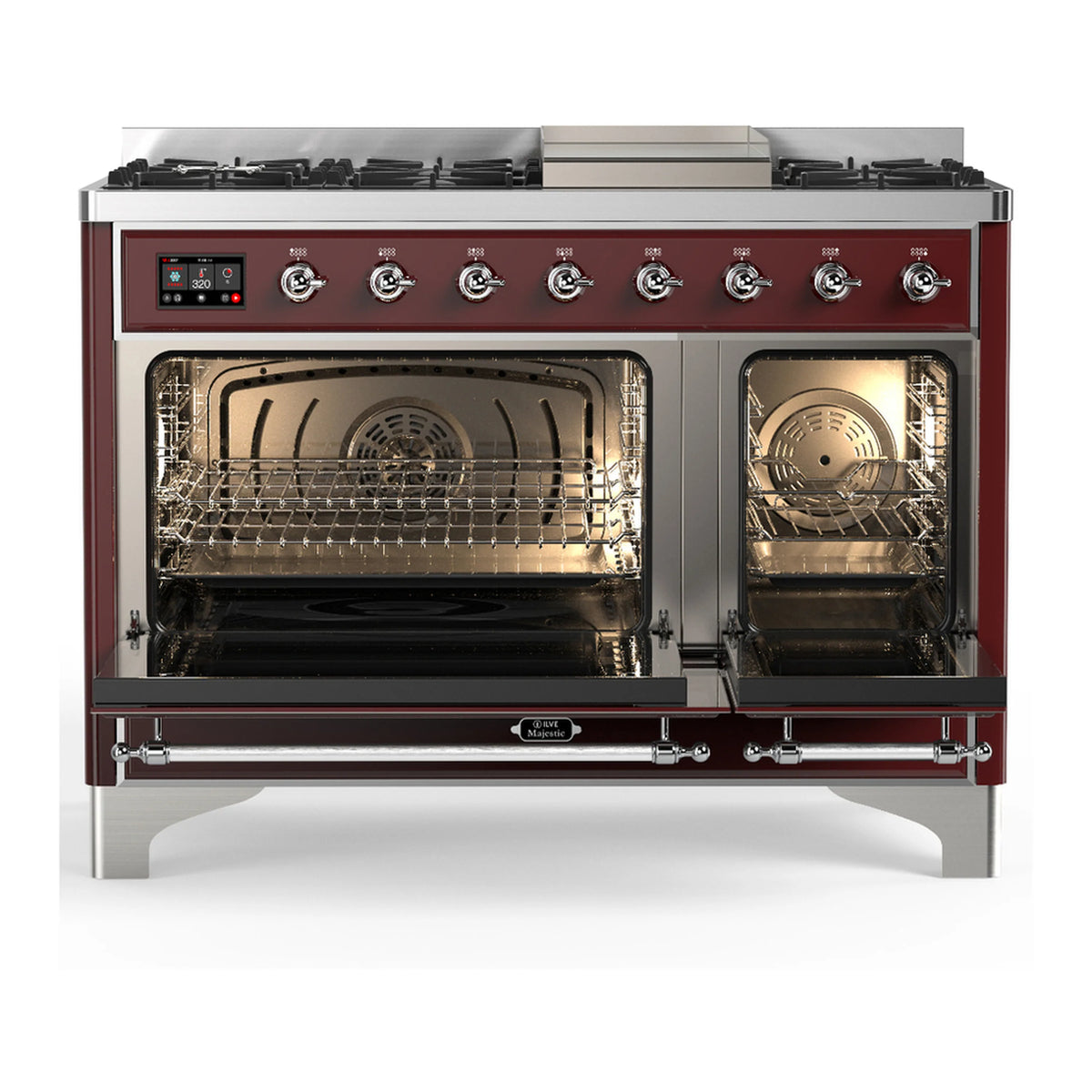 Dual fuel range with burners and open oven, chrome handles, visible racks inside