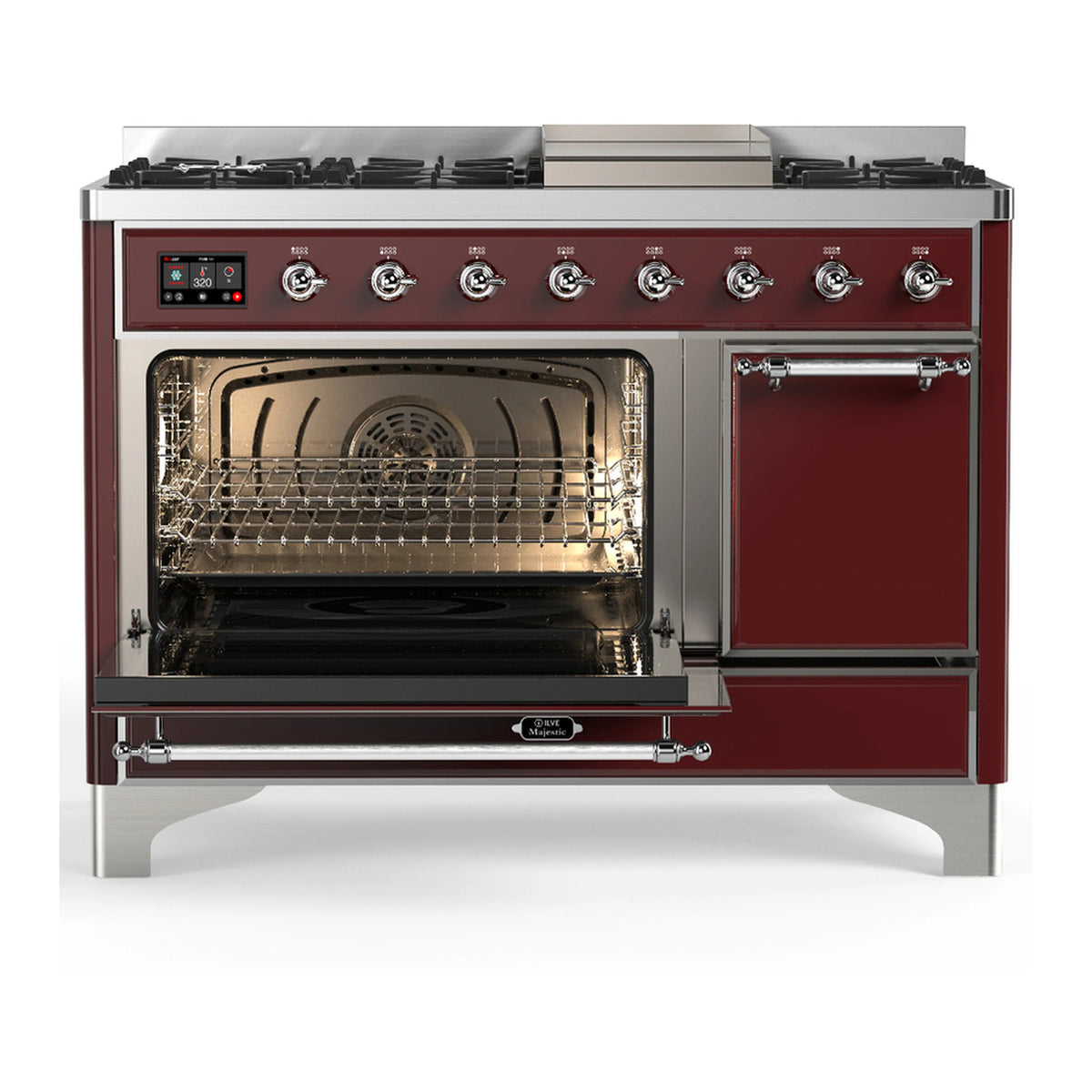 Dual fuel range with open oven and right door, burgundy front, chrome trim