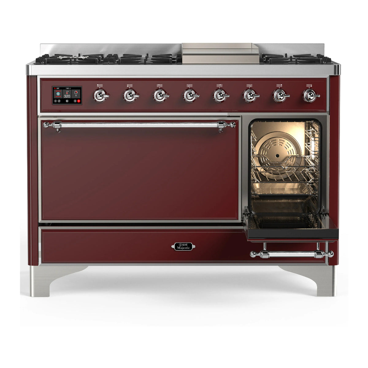 Burgundy ILVE dual fuel range with closed oven window, chrome trim, and side handle