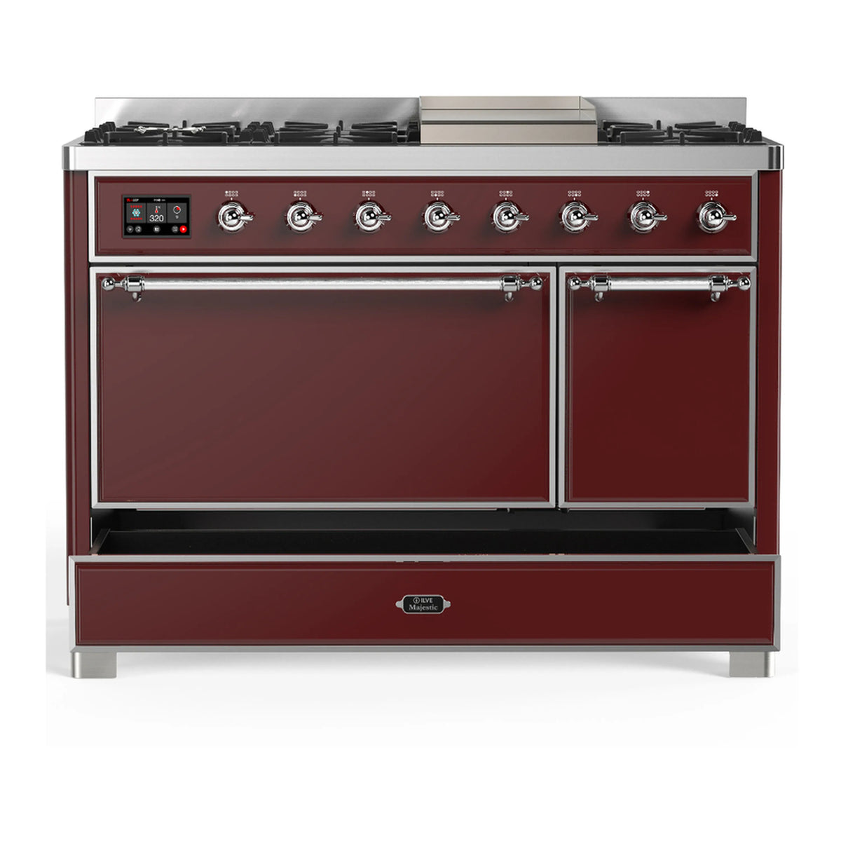 Dual fuel range with two closed oven doors and lower drawer, burgundy finish, chrome trim